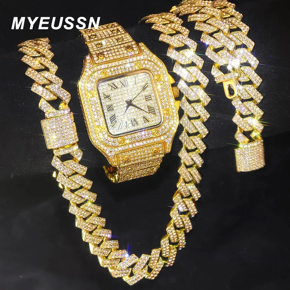 Sautoirs Gold Color Montre Hip Hop Miami Curb Chaîne Cubaine Glacé Pavé Strass Bling Rappeur CollierMontreBracelet Bijoux Pour Hommes 231124