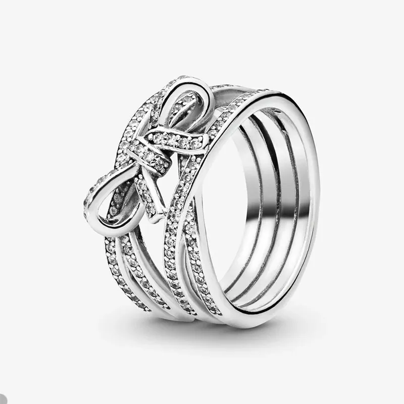 Ruban étincelant et bague nœud pour Pandora véritable argent sterling femmes bagues de mariage ensemble bijoux petite amie cadeau bague de luxe avec boîte d'origine