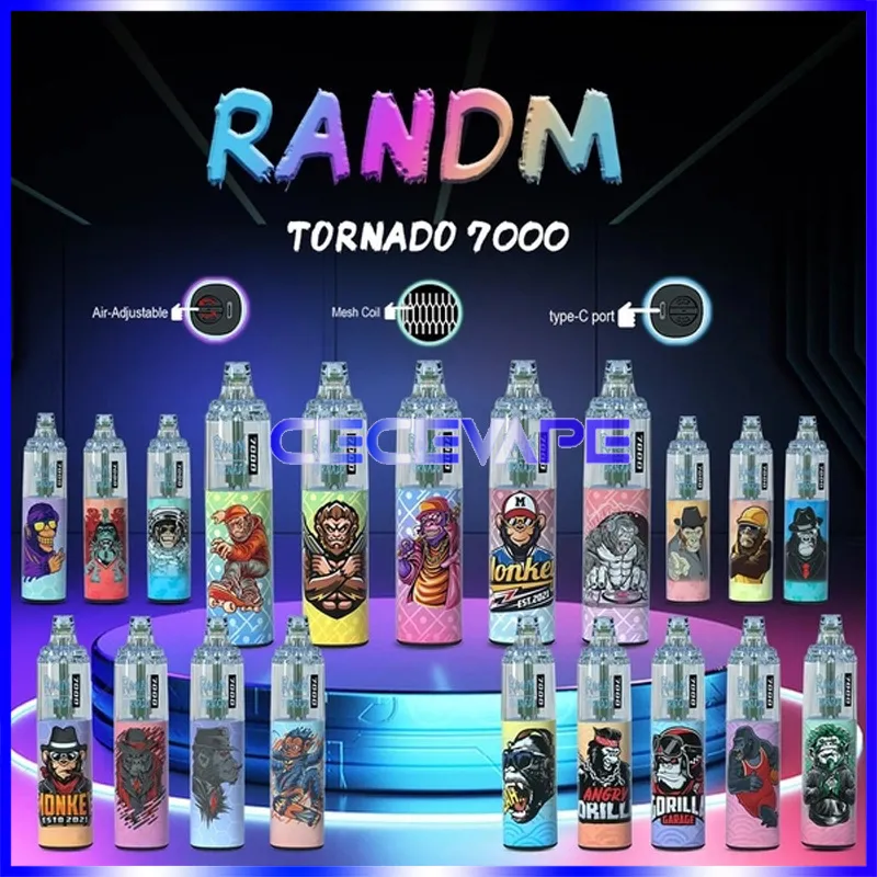 Original RandM Tornado 7000 Puffs Vape Pen Descartável E Cigarro Desechable Com Controle de Fluxo de Ar de Bobina de Malha Recarregável 850mAh Bateria Dazzle 52 Sabores