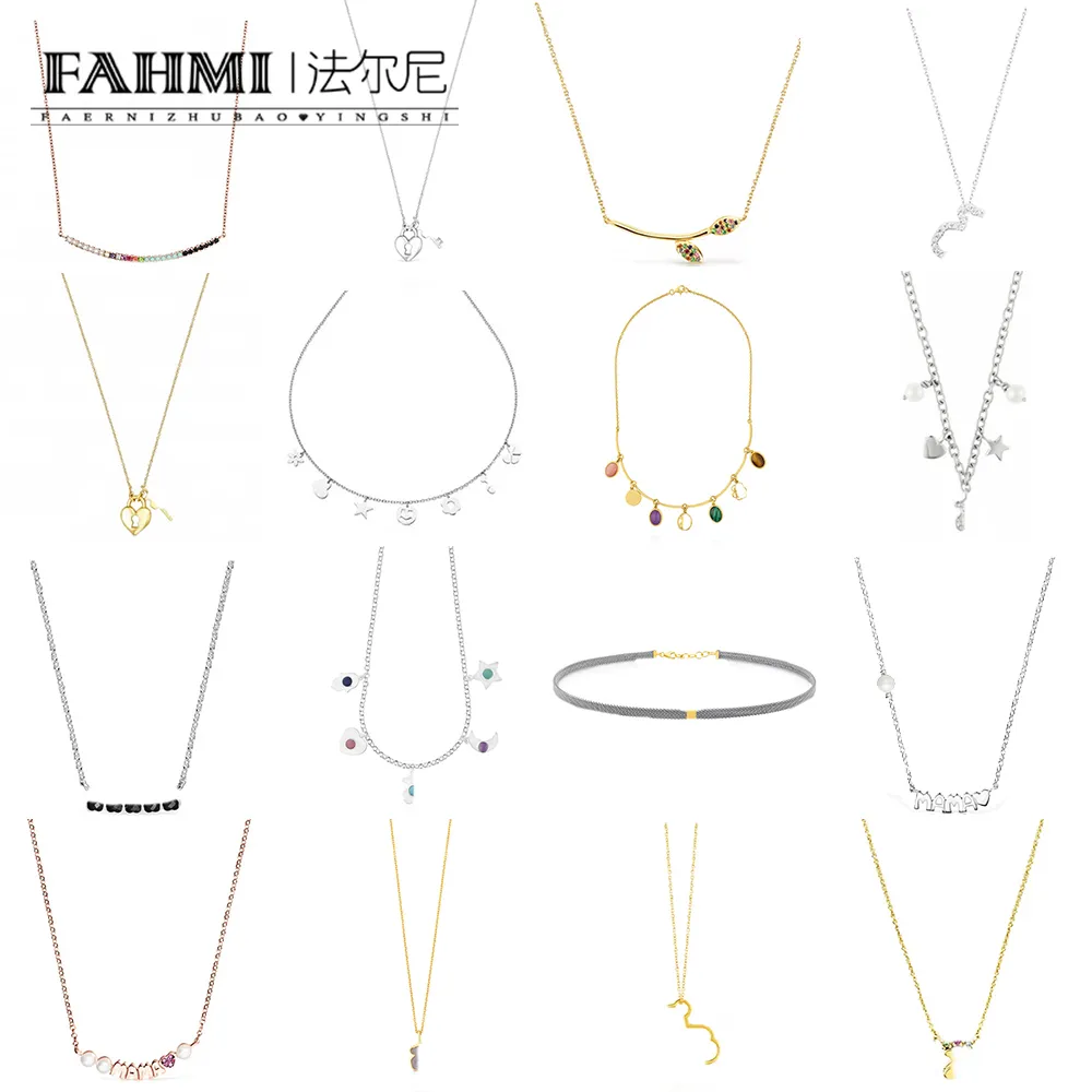 Fahmi Mignon arc-en-ciel bande pierre mixte feuille plein diamant ours clé lune cercle complet boucle bosse gemme plaine cercle or creux collier argent, cadeau, fête, mariage