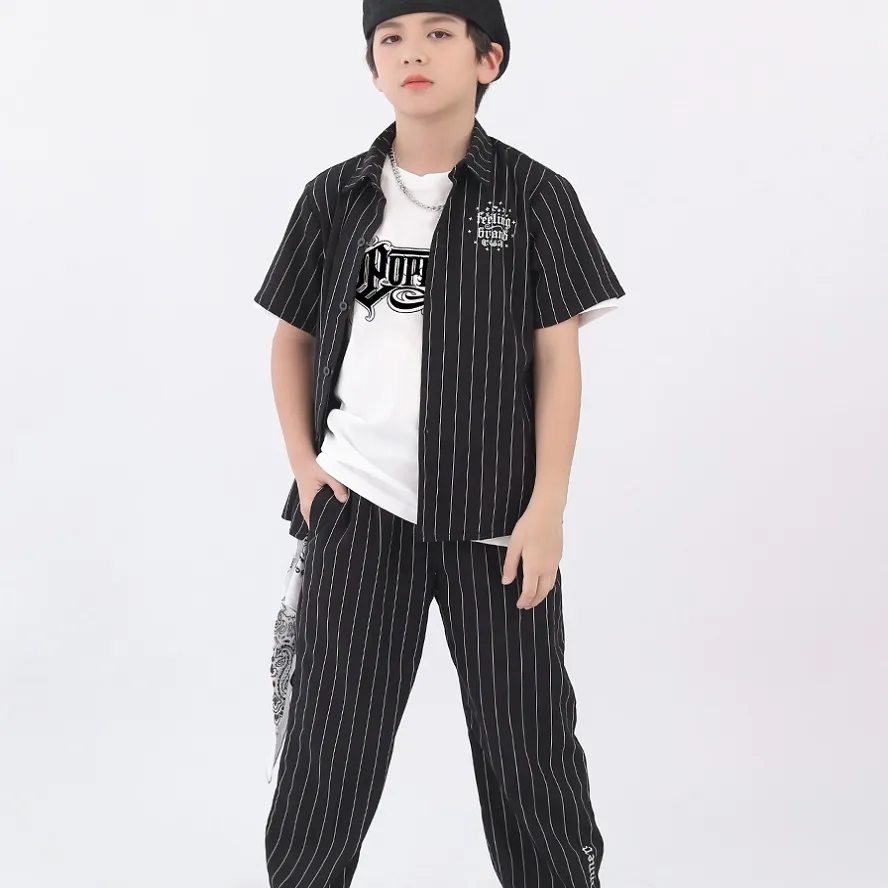 Stage Wear Popping Street Dance-kleding voor kinderen Trendy Cool Kid Adult Shirt met korte mouwen Broek Set Locking Explosief Hip Hop-kostuum