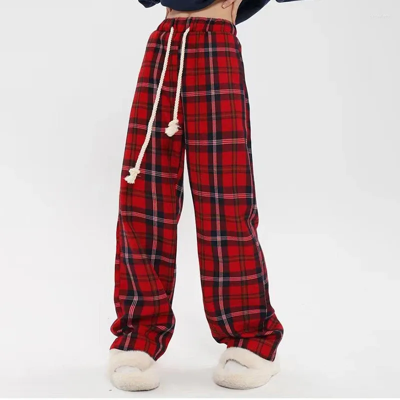 Calças femininas harajuku oversize vermelho xadrez mulheres 2023 primavera hip hop solto perna larga calças mulher cintura alta casual reta