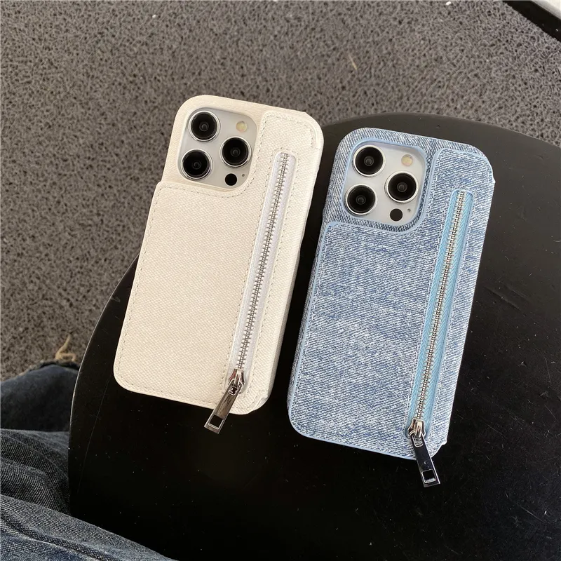 豪華なフォリオジーンズジンパーヴォーグ電話ケースiPhone 15 Plus 14 13 12 11 Pro Max XR XS Sturdy Dual Card Slot