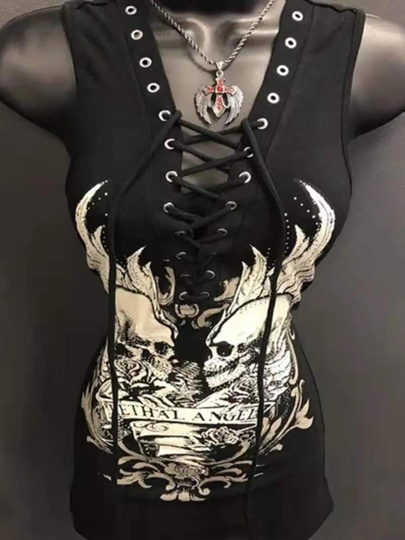 Женские танки Camis Black Skull Mall Goth Top Women Женщины Harajuku Tank Dark Academic Emo Готическая одежда уличная одежда корейская мода плюс 230424