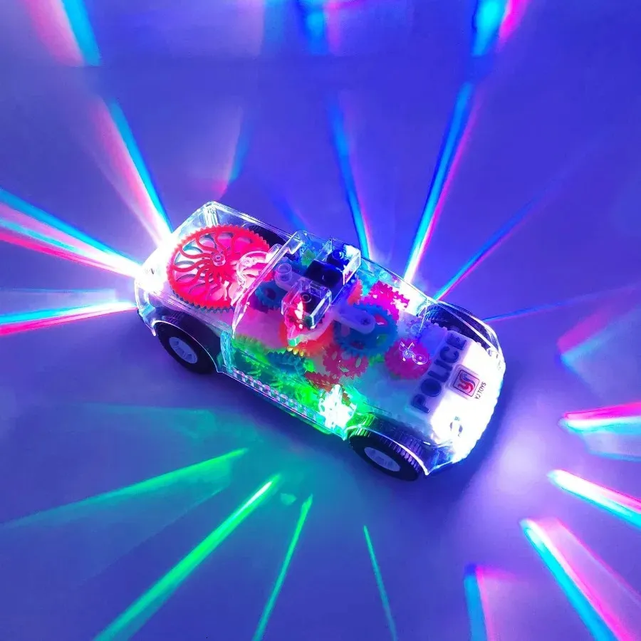 Transparent Gear Light Up Car Toy: Bump And Go, Music, And