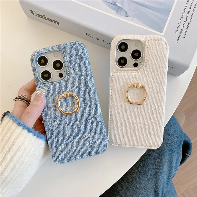 Luxury Folio Jeans Zipper Vogue Phone Case för iPhone 15 Plus 14 13 12 11 Pro Max XR XS Ring Holder Dual Card Slots läderplånbok Kickstand Back Cover med Makeup Mirror