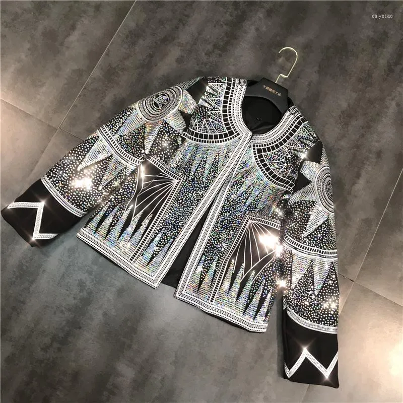 Femmes Vestes Femmes Brillant Veste 2023 Argent Paillettes Géométrique Bomber O Cou Nationalité Broderie Manteau Casual Survêtement Femme Vêtements