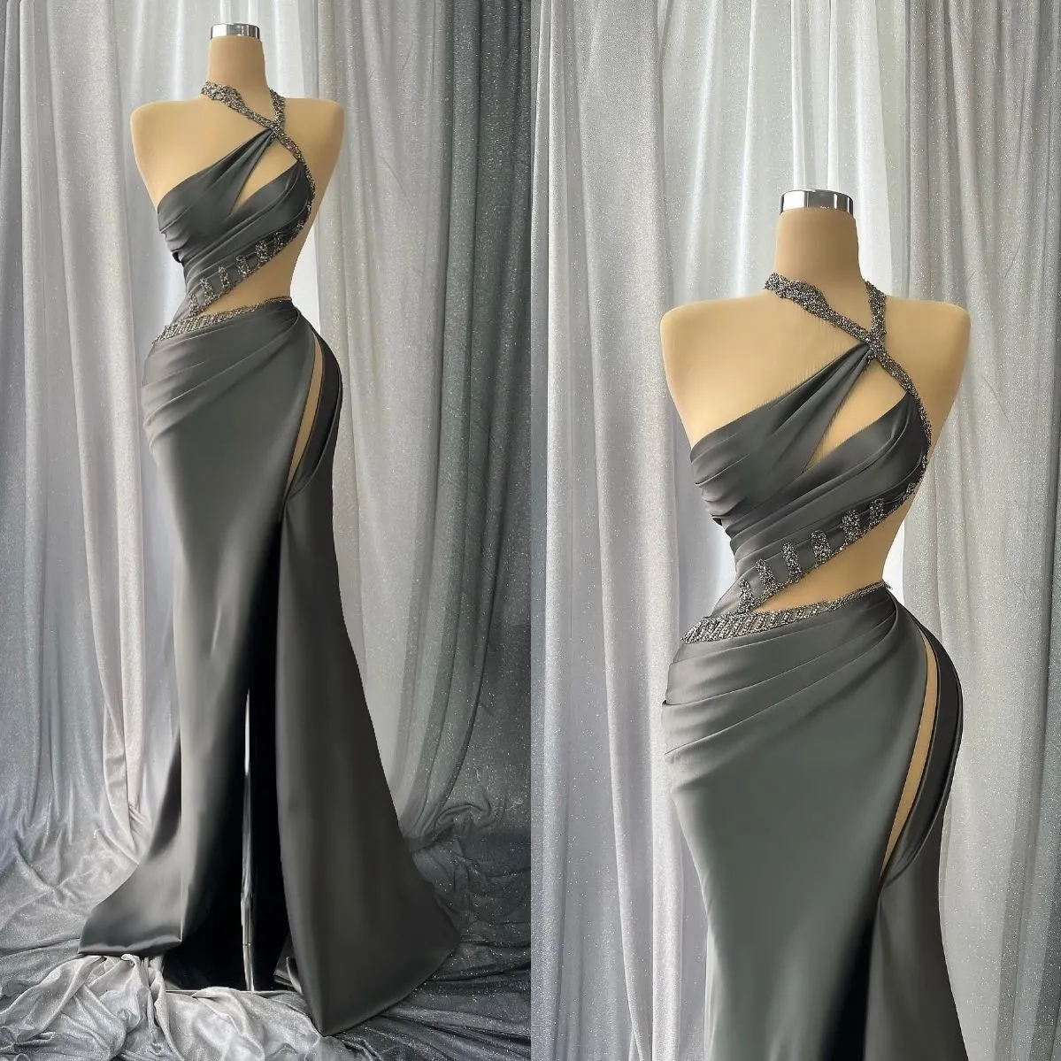 Shoulder Mermaid One Evening Dresses Halter Sleeveless Party Gowns Sexy Floor Length Prom Gown