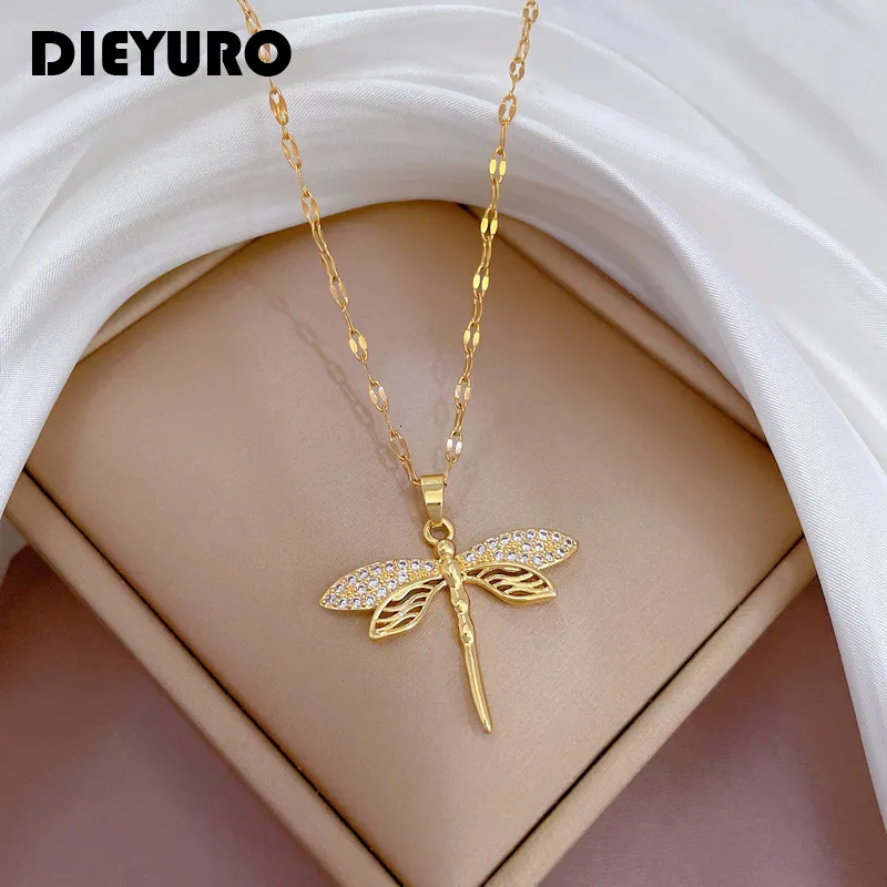 Pendentif Colliers DIEYURO En Acier Inoxydable 316L Personnalité Libellule Collier Pour Femmes Mode Filles Clavicule Chaîne Partie Bijoux Cadeaux 230424