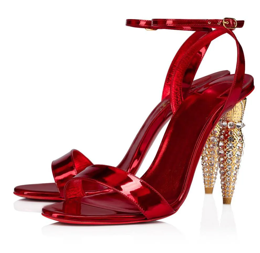 Élégant rouge Design Lipstrass Queen sandales chaussures en cuir verni femmes talons hauts cheville lanière pompe fête mariage bride à la cheville dame gladiateur Sandalias EU35-43.Box