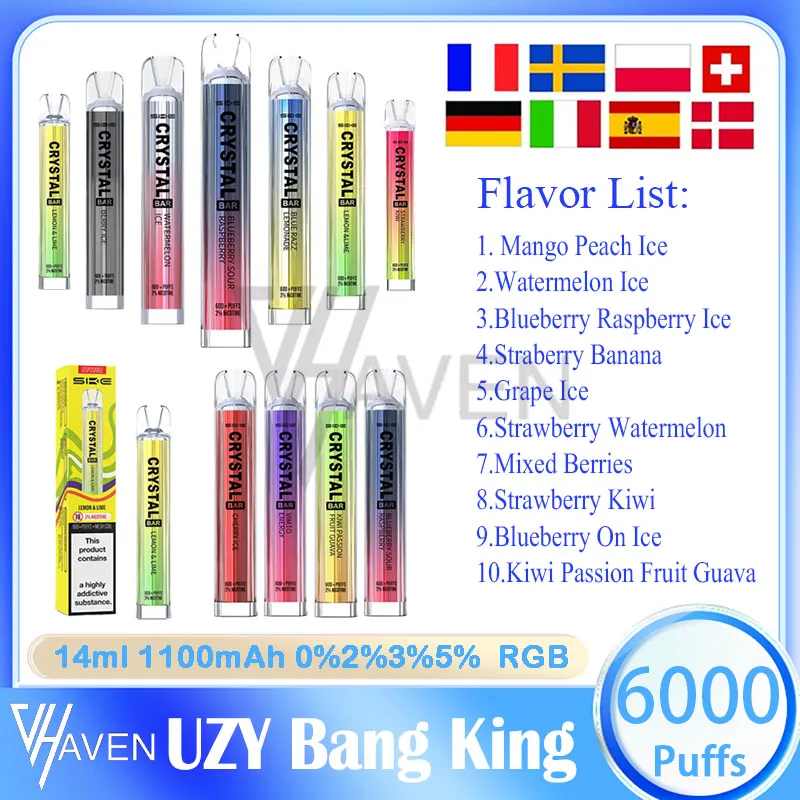 SKI Crystal Bar 600 Puff Desechable Vape Pen 500mAh Batería 20 Sabores En stock 0% 2% 5% Nivel 2.6ml Pod precargado