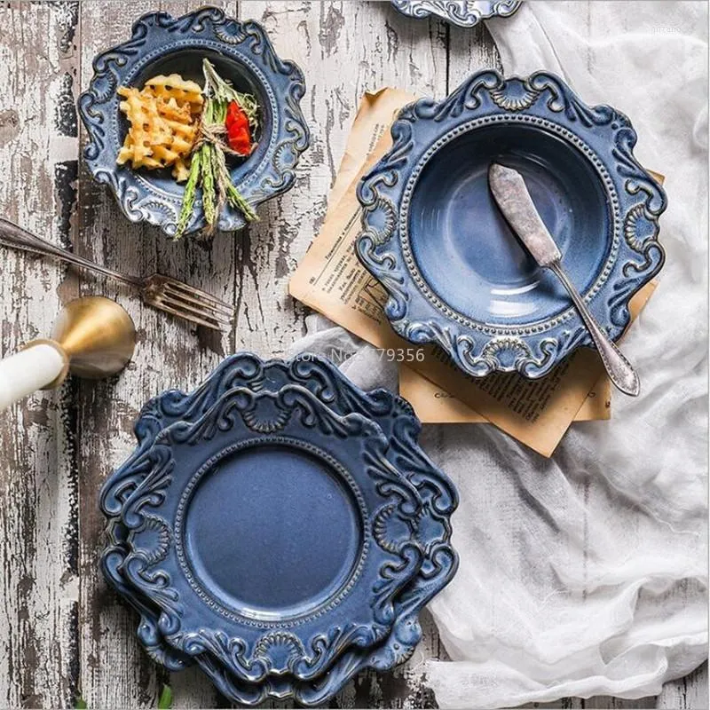 Plates Blue And White Antique Relief Ceramic Dinner Plate Set Porcelain Main Dish Serving Tray Dessert Salad Dishes Tableware 1 Pc