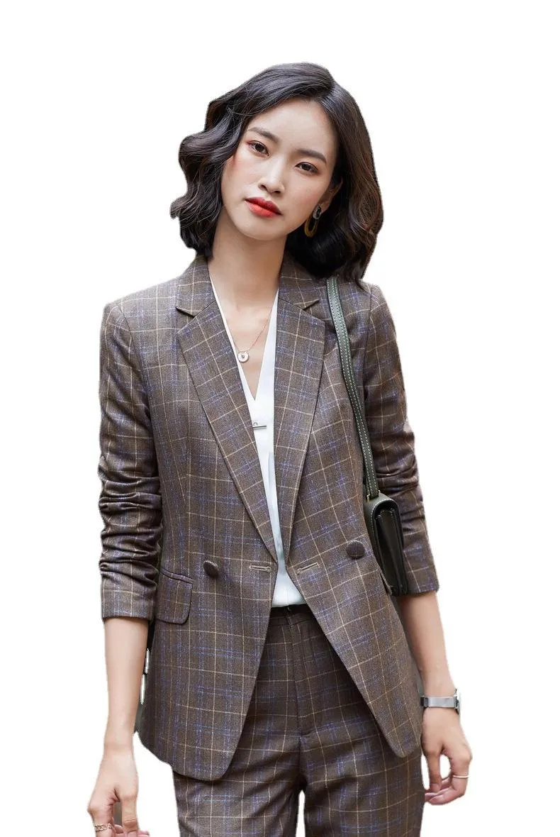 Tvådelar Dress Ladies Formal Plaid brun kjoldräkt Slim Blazer och ställ in Autumn Professional Business Work Wear Duits for Women