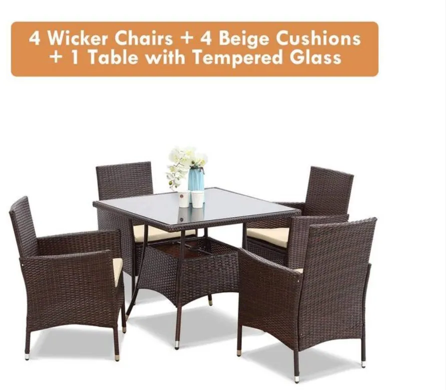 PE Rattan Wicker And Metal Patio Dining Set With Beige Cushions