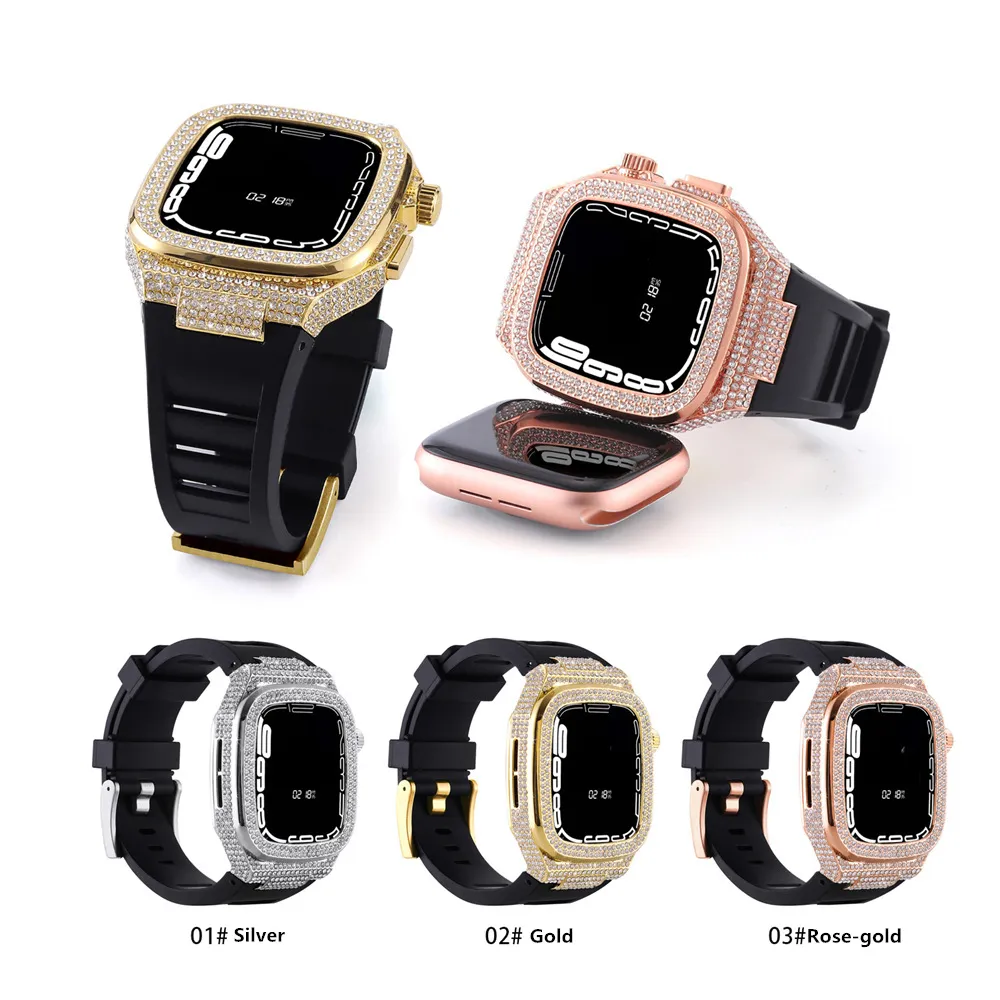 حالة فولاذية فاخرة في Sky Full Sky مع Diamond Insert AP Frame Cases Mod Kit Traps Silicone Detective Case Band Cover for Apple Watch Series 4 5 6 7 8 44/45mm