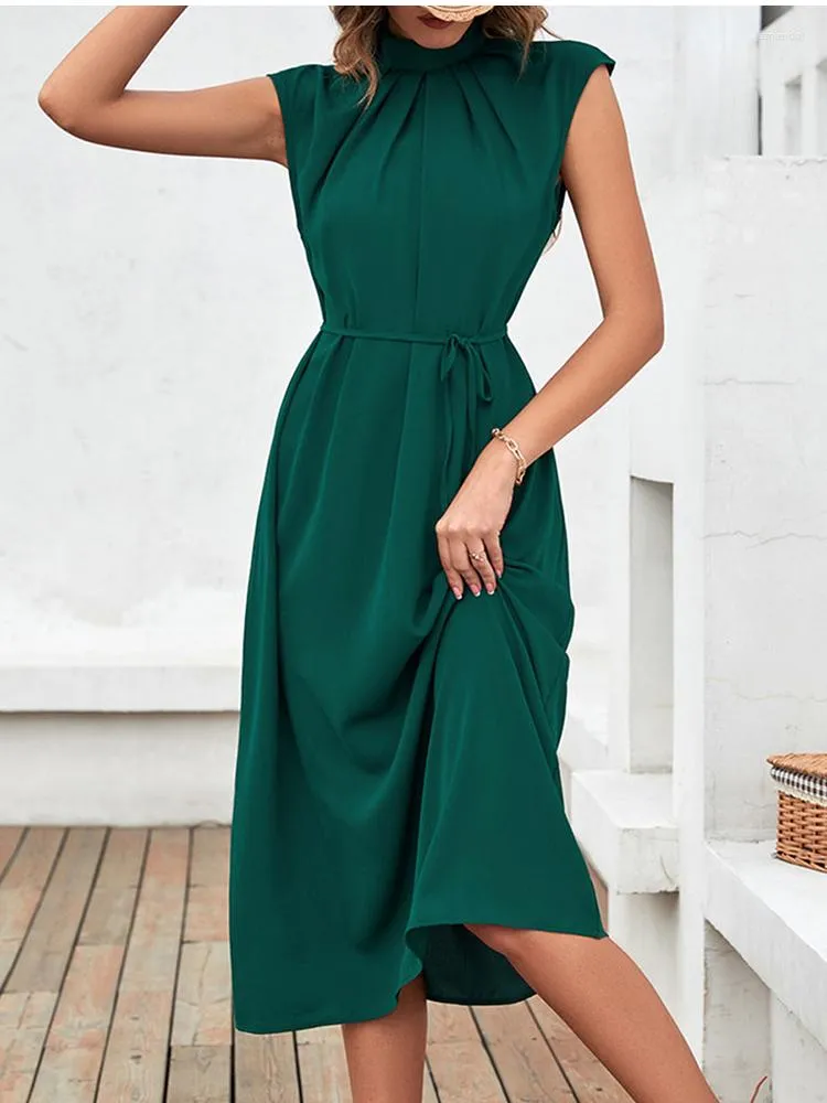 Casual Dresses Fashion Elegant Women Dress 2023 Summer Solid Sleeveless Ace Up Midi Office Beach Party for Robe Femme