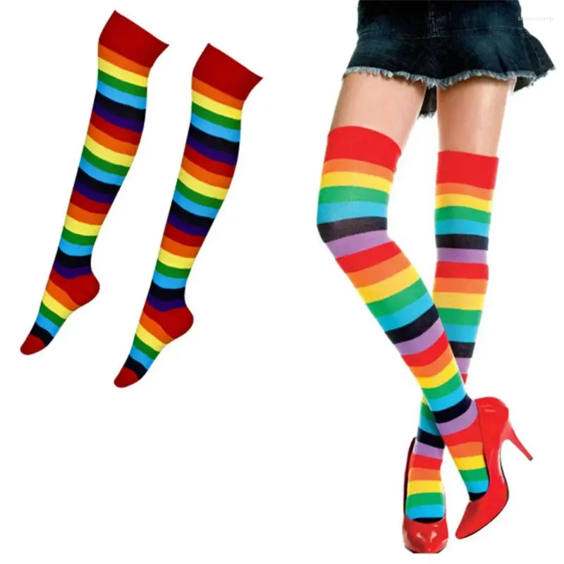 Kvinnors strumpor ankomst över knästrumpa för Lady Girl Rainbow Färgglada strumpor Långa stripiga höga tights