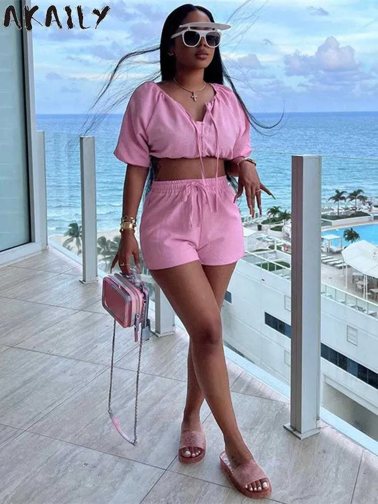 Women's Tracksuits Akaily White Drawstring 2 Two Piece Sets Womens Matching Sets Summer Outfits 2022 Pink Short Sleeve Crop Top And Shorts Sets P230419