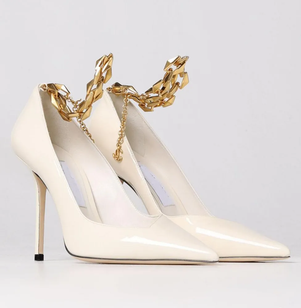 Elegante Marke Diamond Talura Sandalen Schuhe Frauen Lackleder Spitz Pumps mit Goldkette Party Hochzeit Brautdame High Heels EU35-43