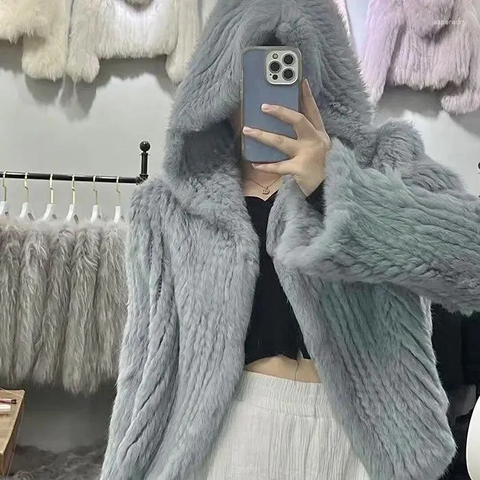 Kvinnors päls höst vinter kvinnor äkta kappa naturjacka lös manuell väva kvalitet streetwear huva flare ärmar