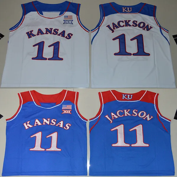 Молодежь № 11 Джош Джексон Custom College Kansas Jayhawks Jerseys White Blue Kids Boys Size Настройка американской баскетбольной одежды сшитой майки