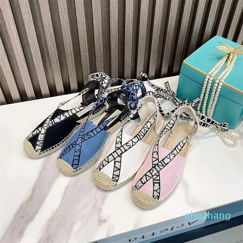 2023- Toile cheville Logo sangle Espadrilles slingback chaussures printemps été plage appartements sandales faites à la main chaussure femmes casual luxe salon usine chaussures