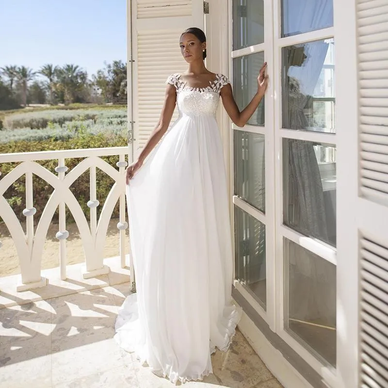 Robe De mariée Simple Scoop Empire Robes Pour Les Femmes Enceintes Cap Manches En Mousseline De Soie Boho Robe De Mariée Maternité Mariée Robe De Mariee