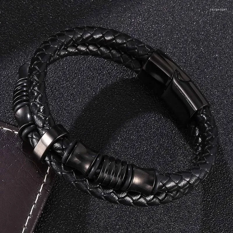 Bracelets porte-bonheur Double Bracelet en cuir tissé pour hommes Punk Bijoux Noir En Acier Inoxydable Fermoir Magnétique Bracelet Mode Bracelets Cadeaux