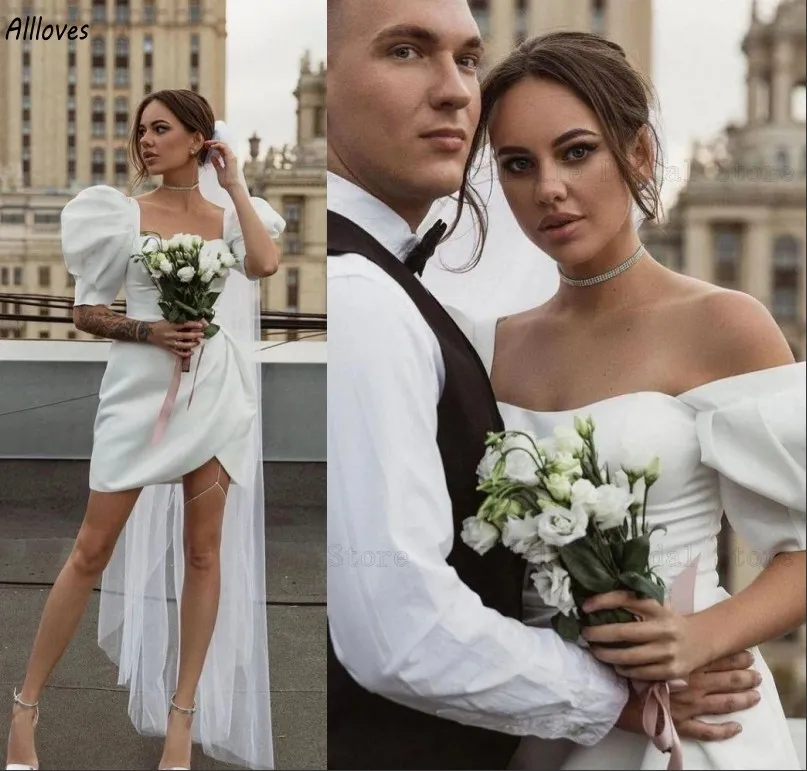 Princess Puff Short Sleeves Sheath Wedding Dresses Sexy Wedding Bride Second Reception Party Gowns Simple Beach Robes CL2975