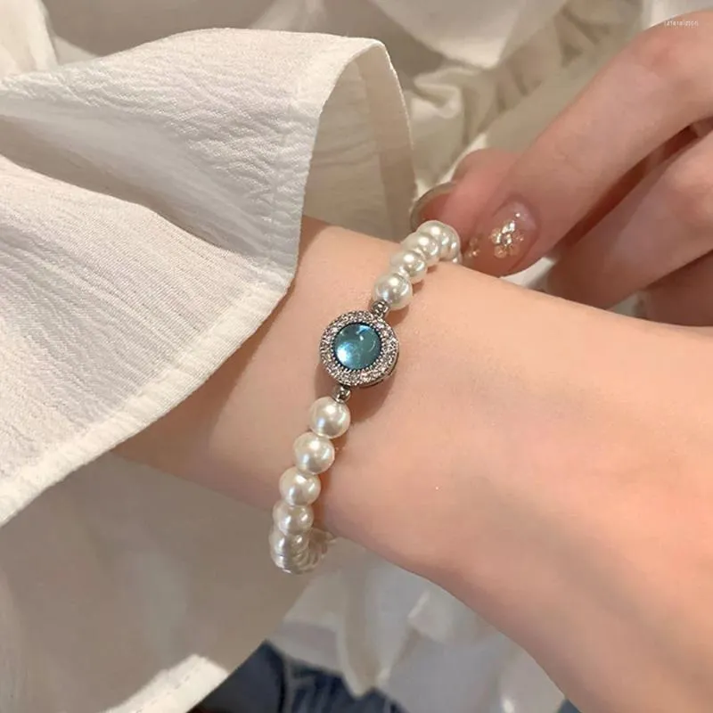 Strand Fashion Elegant Aquamarine Pearl Bracelet Charm Beaded Luxury Wedding Bride Engagement Jewelry Accessory Aineyes