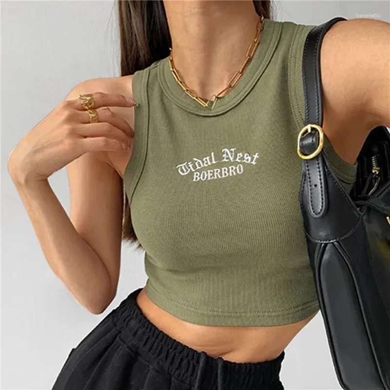 Kvinnors tankar Y2K Ribbed Tank Top Women Sleeveless T-shirt broderi Letter Vest Female Summer Crop Casual Short Sport Tops Korean