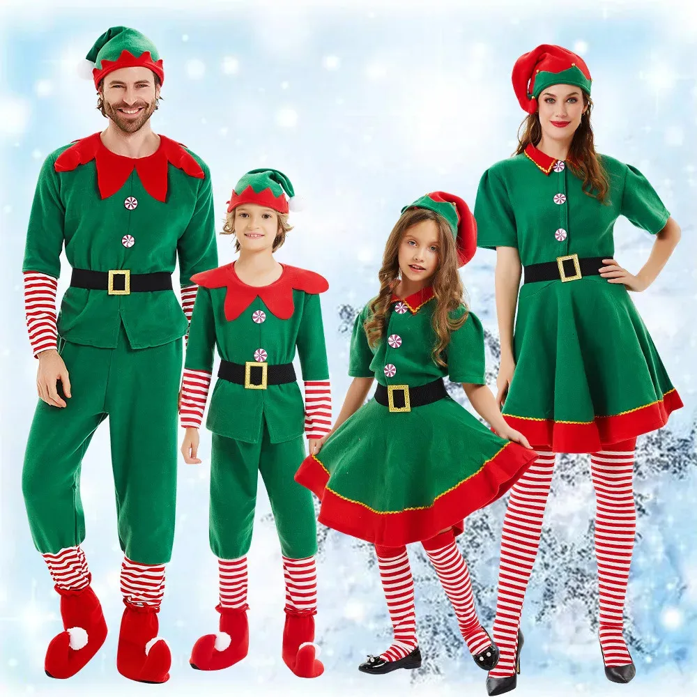 Family Matching Outfits Boys Christmas Elf Costume Girls Xmas Santa Claus Green Elf Dress For Kids Adults Family Matching Outfits Cosplay Clothing Sets 231124