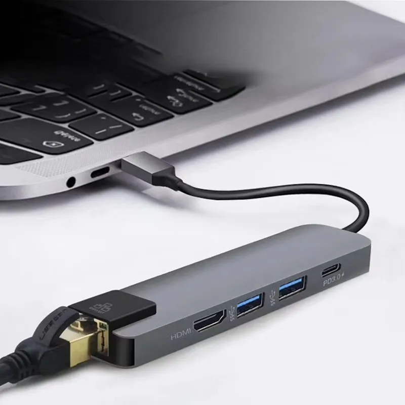 Adaptateur USB C vers HDMI + USB3.0 + RJ45 + PD 5 en 1, multi-ports Gigabit Lan, prise en charge de la station Hub en alliage d'aluminium 4K