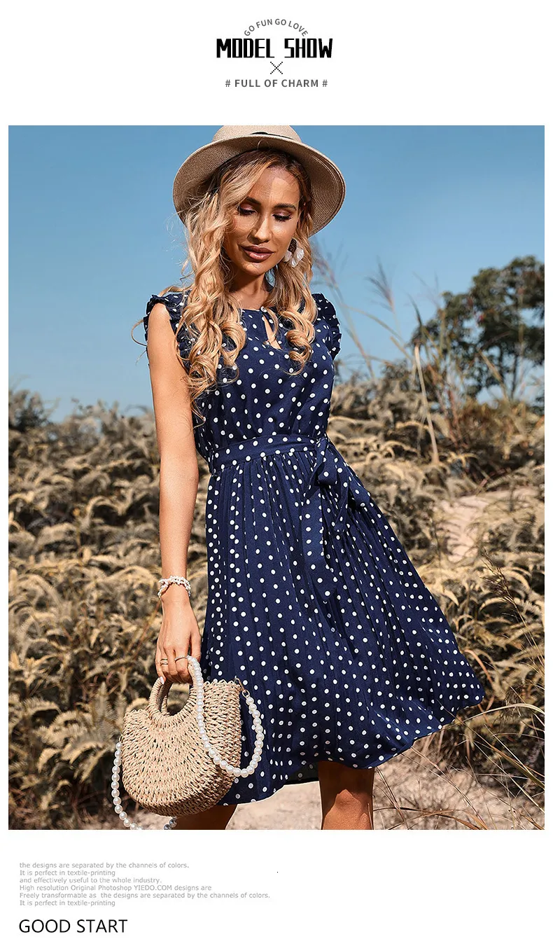 Summer Polka Dot Bandage A-line Midi white dress for Women
