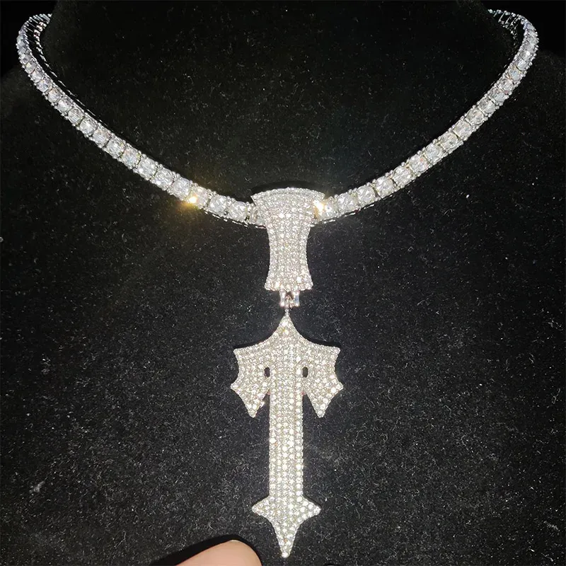 Chokers Men Women Hip Hop Letter Iced Out Cross Sword Necklaces with 4mm Zircon Tennis Chain HipHop Pendant Necklace Charm Jewelry 231123