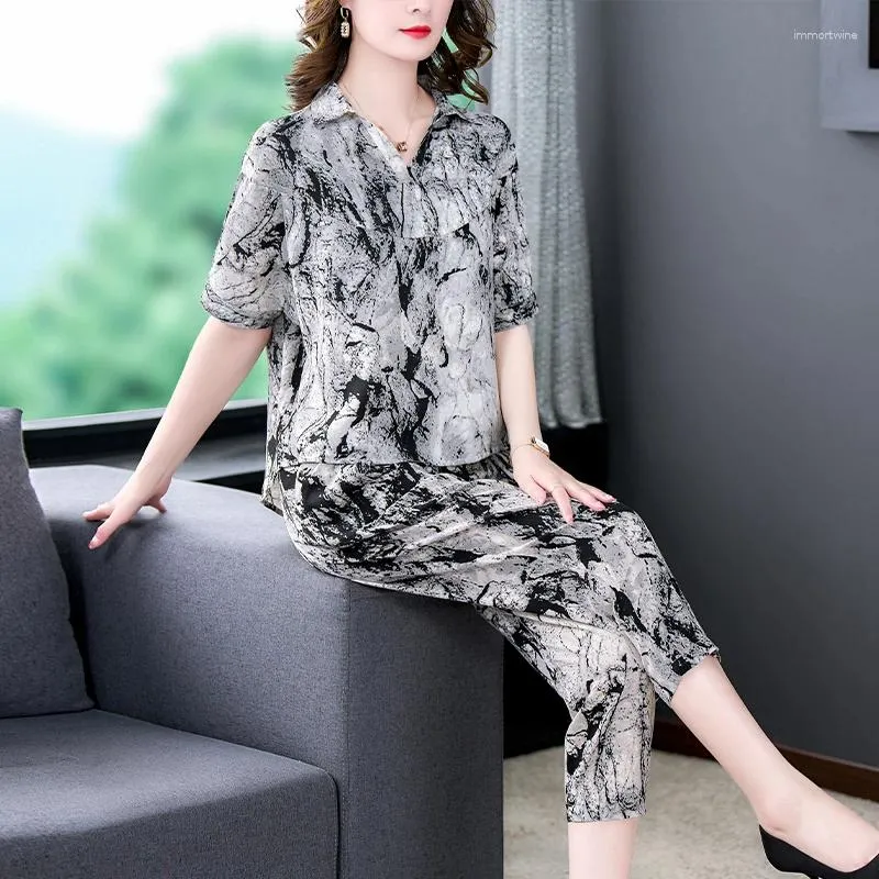 Women's Two Piece Pants 2023 Silk Ink Painting Printing Short Sleeve Set Slim Polo Neck T-shirt Casual Loose Large