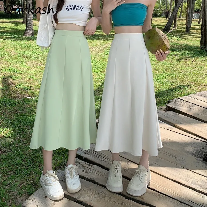 Saias Midi Mulheres dobra roupas de verão sólidas Cantura alta doce Preppy Fashion Elegante Ulzzang Harajuku Fêmeas Bottom Chic 230424