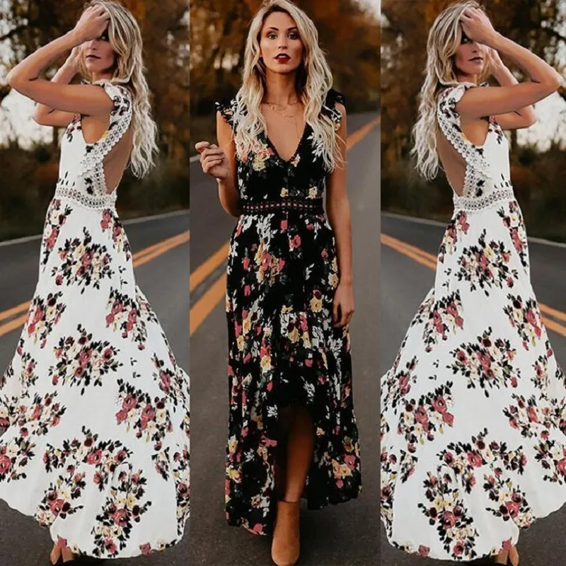 Abiti casual Donna Boho Backless Irregolare Abito stampato floreale Estate Profondo V Trim Lungo pizzo Maxi aperto sul retro Abiti da festa 230424