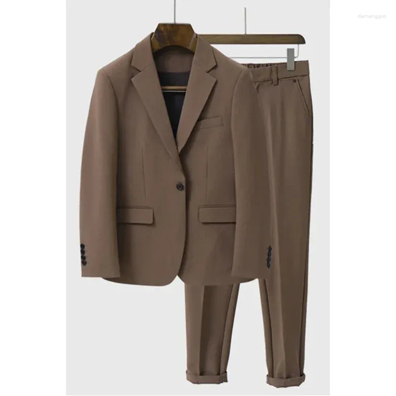 Мужские костюмы, элегантный повседневный коричневый мужской однобортный пиджак с зубчатыми лацканами, брюки, обычная одежда, деловой костюм, мужской полный комплект