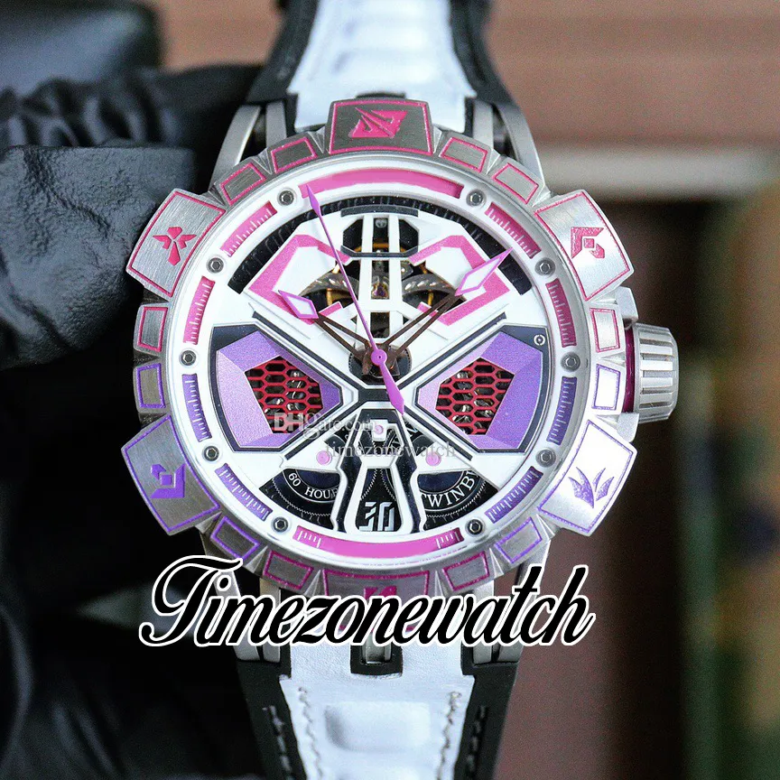 45mm Spider RDDBEX0975 scheletro rosa quadrante bianco orologio automatico da uomo cristallo di zaffiro lega di carbonio cassa DLC cinturino in pelle bianca orologi Timezonewatch E111B1