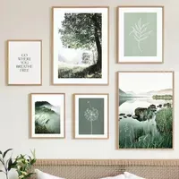 Wall Art Canvas Painting Green Tree Hill Lake Dandelion Reed Nordic Posters And Prints Wall Pictures For Living Room Home Decor Frameless