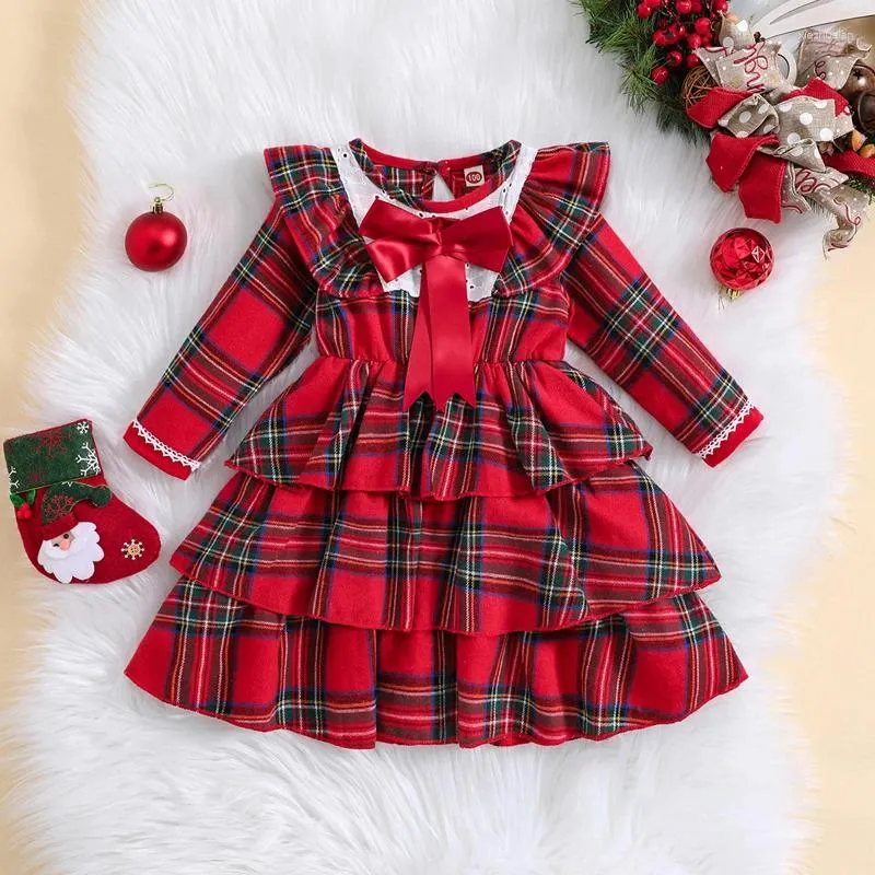 Платья для девочек, рождественская детская одежда принцессы, детское платье для девочек, клетчатый принт, длинный рукав, круглый вырез, трапециевидной формы с бантом для малышей