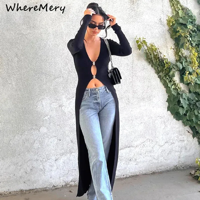 T-shirt femme WhereMery Sexy évider à manches longues Maxi T-shirt femmes col en V coupe basse bouton en métal noir haut Streetwear Cusual dame hauts t-shirts 231123