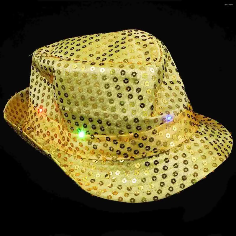Berets 3 stücke LED Leuchtende Jazz Hut Bühne Requisiten Flash Hüte mit Glitter Pailletten Dekor für Party (Golden)