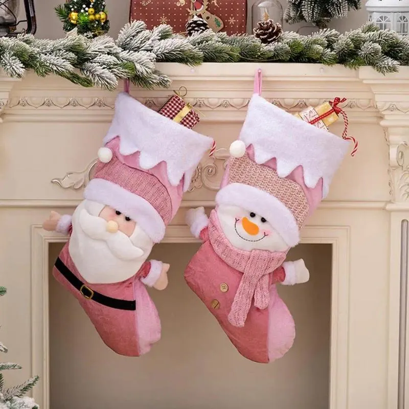 Decorações de Natal Papai Noel meia saco de presente reutilizável com capacidade design de boneco de neve rosa para o Natal