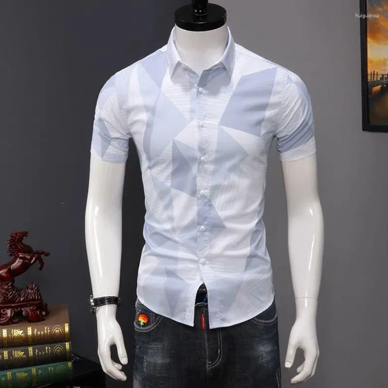 Männer Casual Hemden Geometrie Druck Kurzarm Sozialen Button Up Blusen Großhandel 2023 Einreiher Revers Männlich Hemd Tops A09