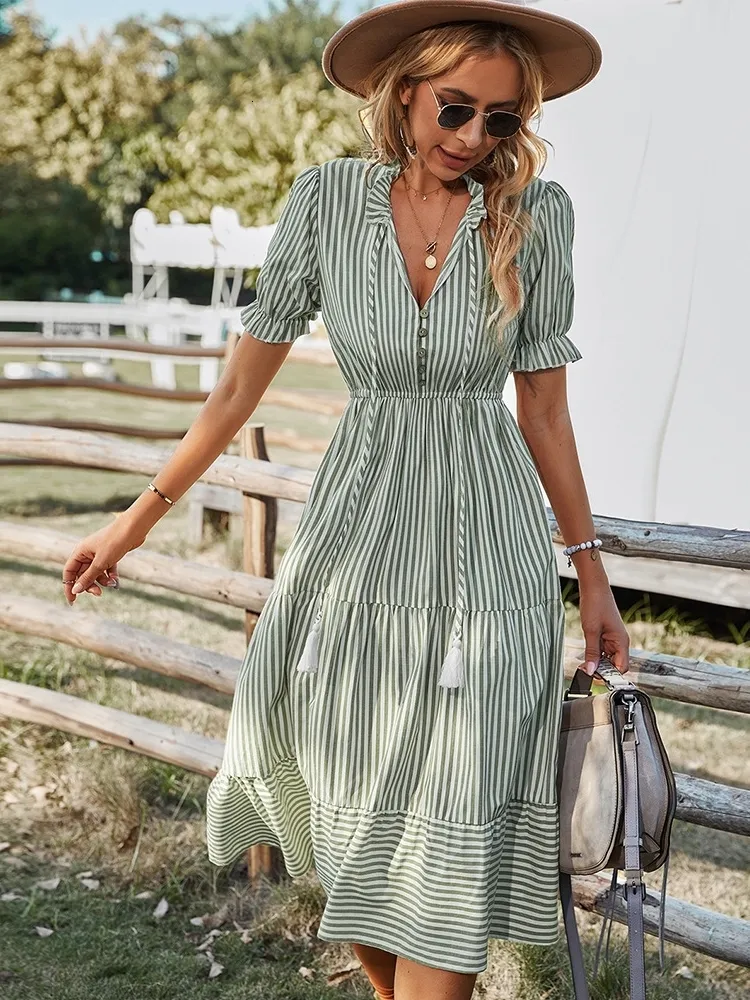 Casual Dresses MSFilia Spring Women's Striped Dress Causal Short Sleeve Tassel Medium Long Summer V Neck -knappklänningar för kvinnlig 230424