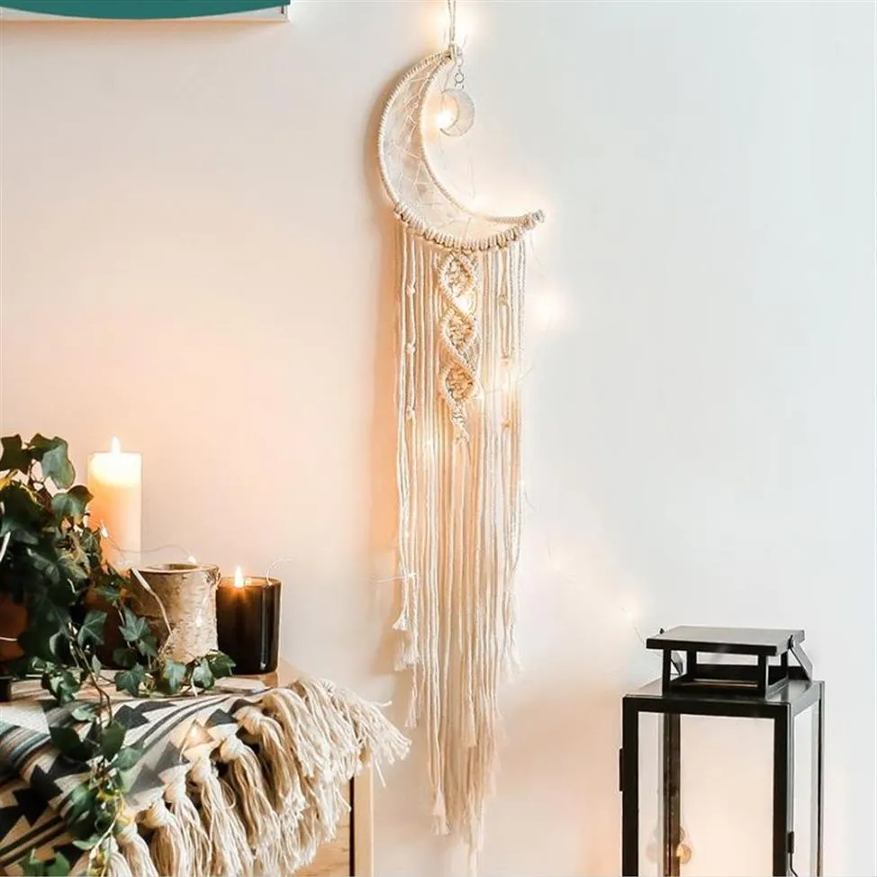 Tessuto Moon Dream Catcher Macrame Appeso a parete Arazzo Home Nursery Decorazione della parete Fatto a mano Dreamcatcher Ornament Beige Bohemian Style259V