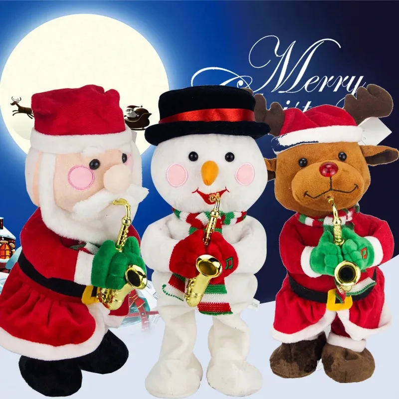 Fournitures de jouets de Noël Père Noël chantant et dansant Jouet en peluche électrique de Noël Bonhomme de neige Elk de Noël soufflant le saxophone chantera des cadeaux de danse 231124