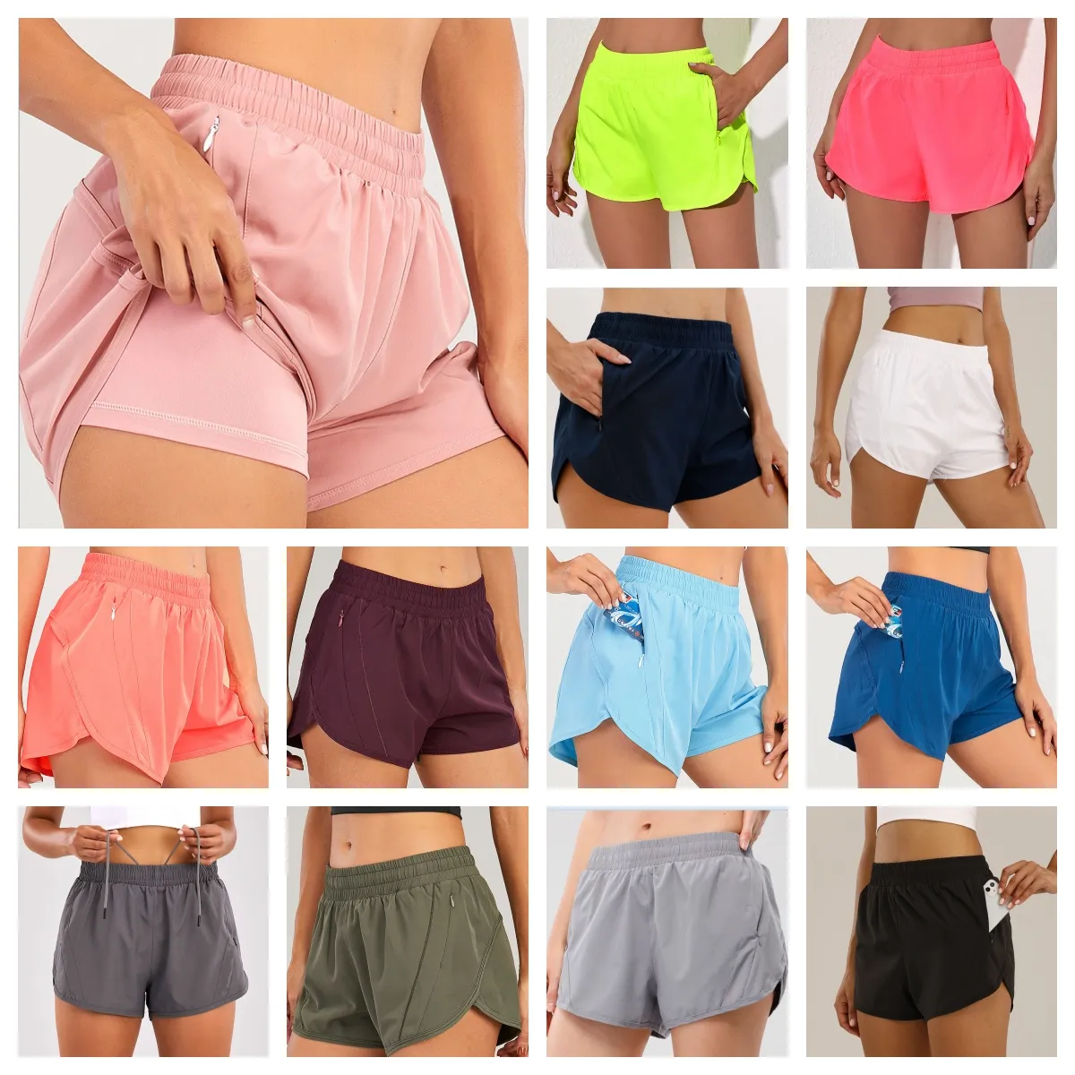 LL-LU Shorts de corrida femininos da última moda, com bolsos com zíper, cintura alta, treino atlético, shorts de ginástica para mulheres com forro